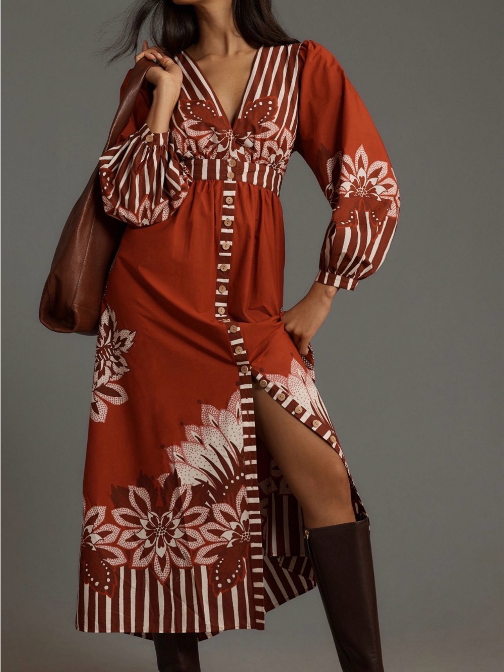FARM Rio Rust & White Floral Button-Front Midi Dress